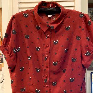 RED Collectif Black Cat 1940's style Blouse Retro